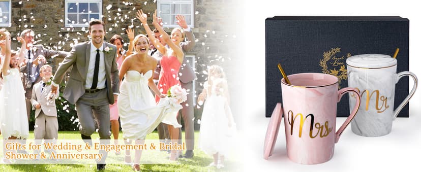 Gifts for Anniversary Bride and Groom, 14oz Ceramic Mr and Mrs Mug Set with Real Gold Foil, Greeting Card, Gift Box Biching Wedding Gifts for Couples 2026, Bridal Shower Engagement Gift B0CF3SG6DX