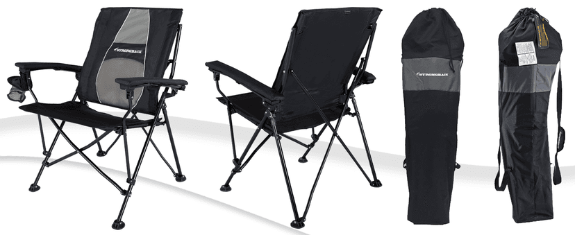 STRONGBACK Elite Folding Camping Lawn Lounge Chair Heavy Duty Camp Outdoor Seat with Lumbar Support and Portable Carry Bag - Black/Grey