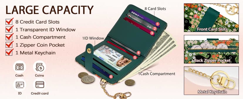 Jogjam Black Cat Floral Rfid Women Wallet, Small Slim Thin Credit Card Wallet, PU Leather Bifold Cash Zipper Coin Pocket ID Window for Female Ladies Teen Girls Girly