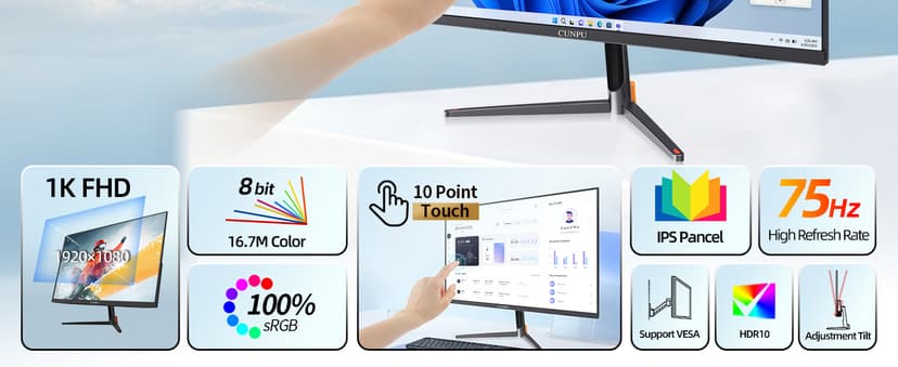 CUNPU 24 Inch Touchscreen Monitor, 10 Point Touch, FHD 1080P 75Hz IPS Screen, 100% SRGB, VESA Wall Mountable, Tilt Adjustment, VGA HDMI USB for PC, Laptop Business & Work Station, Warehouse