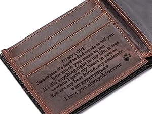 Personalized Engraved Leather Wallet for Boyfriend Husband from Wife Girlfriend - Christmas Anniversary Valentines Day Birthday Wedding - I Love You - Men Custom Bifold Wallets with Romantic Message