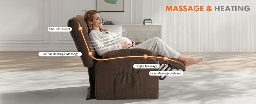 Sweetcrispy Power Lift Recliner Chair with Vibration Massage and Heat for Adults, Ergonomic Overstuffed Breathable Fabric Reclining Chair with Side Pockets, Remote Control, Living Room, Bedroom, Brown