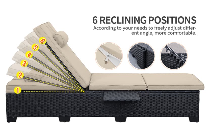 WAROOM Outdoor Chaise Lounge Chairs for Outside Patio Furniture Set of 2 Wicker Recliner Black Rattan Sunbathing Lounger Adjustable Backrest Pool Reclining Chair, Khaki Cushion