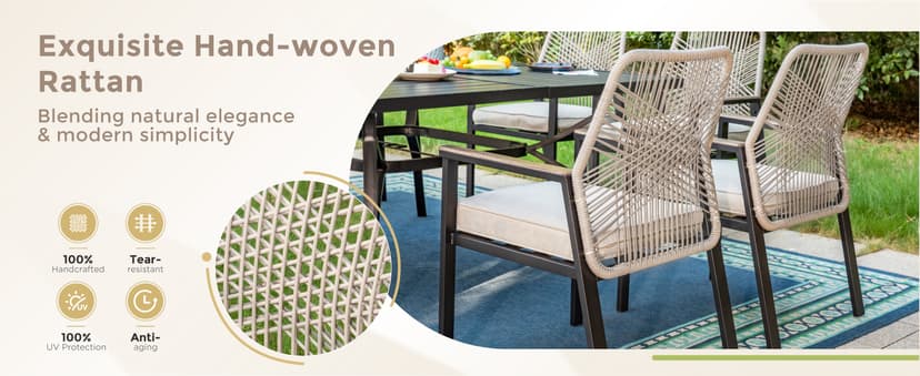 MIXPATIO 7 Pieces Round Outdoor Dining Set for 6, Patio Dining Set Wicker Rattan Chairs with Soft Cushion and 54" Round Table with Umbrella Hole, Round Patio Table and Chairs for Backyard Porch