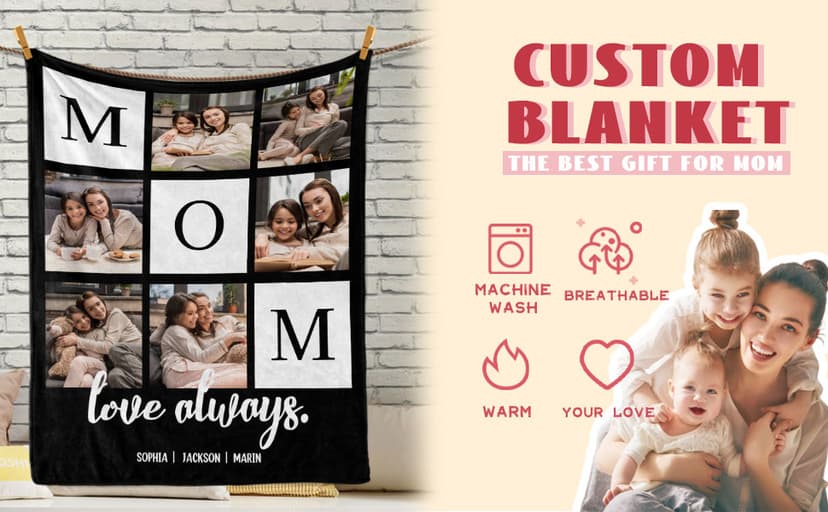 Mothers Day Birthday Gifts for Mom, Personalized Blanket with Photos to My Mom Gift from Daughter Son, Custom Blanket with Pictures Text, Birthday for Wife Grandma Women