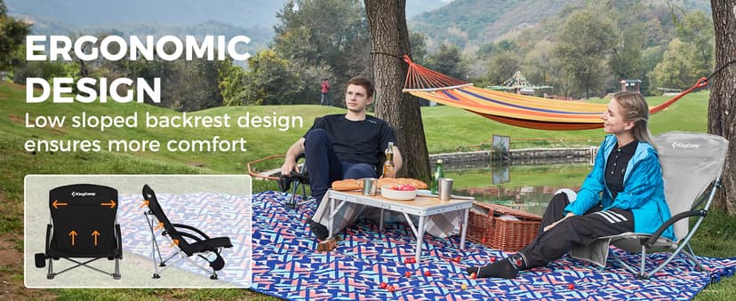 KingCamp Low Beach Chair, High Back Folding Camping Chair for Adults, Oversized Breathable Mesh Seat, 300lbs Heavy Duty Portable Chair with Cup Holder & Storage Pockets for Beach, Outdoor