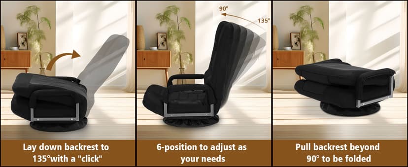 Swivel Gaming Chair Multipurpose Floor Gaming Chair for Playing Video Games, TV, Reading w/Armrest Lumbar Support & 6 Adjustable Postion Backrest for Adults, Black