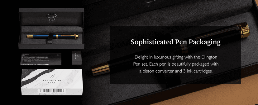 Ellington Pens Luxury Fountain Pen Set - Fountain Pen For Writing - Smooth Medium Nib - Includes Refillable Ink Converter, 3 Ink Cartridges, Gift Box - Calligraphy, Journaling, Sketching (The Stealth)