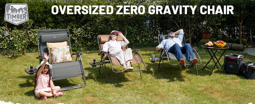 Timber Ridge Oversized Zero Gravity Chair, 33In Wide XXL Zero Gravity Reclining Chair with Side Table, Full Padded Lounge Chair for Outdoor Camping Patio Lawn, Heavy Duty Supports 500lbs, Grey-1 Pack