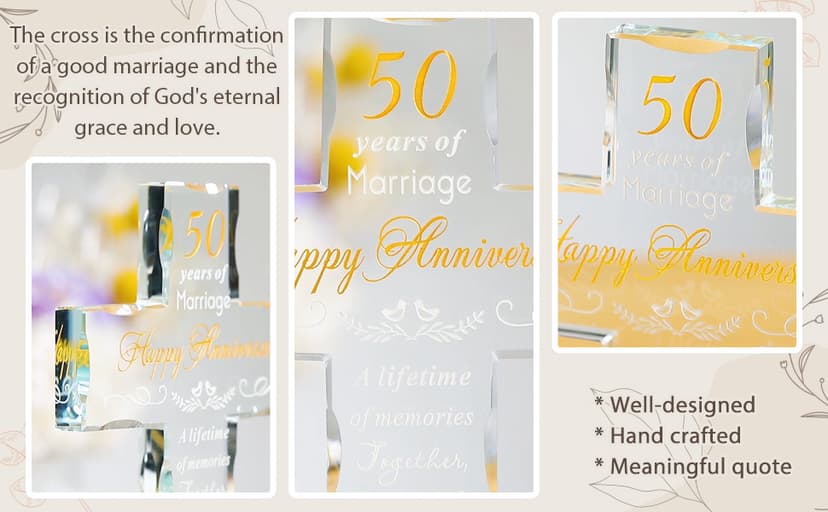 YWHL 50th Wedding Anniversary Religious Cross Gifts for Women Men, 50 Year Anniversary Romantic Gift for Him Her, Laser Engraved Glass Standing Cross Keepsake for Couple, 50 Years of Marriage Present