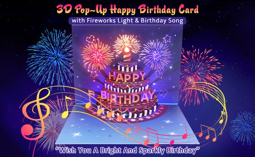 INPHER Birthday Cards Fireworks Pop Up Cake Light and Music Happy Birthday Gifts Decorations for Women, Men, Mom, Grandma