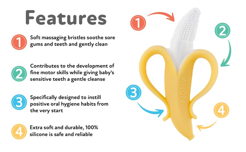 Nuby Nananubs Banana Massaging Teether – Baby Teething Toys 3 Months and Up, Silicone Teether for Sore Gums, Infant Toy, Baby Essentials, Brush, Travel Accessory, Gift for Babies