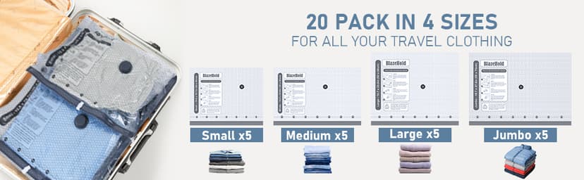 20 Pack Travel Vacuum Storage Bags with Rechargeable Electric Pump, Compression Packing Seal Bag for Luggage and Suitcase, 5 Small + 5 Medium + 5 Large + 5 Jumbo Space Saver Bags for Clothing Travel