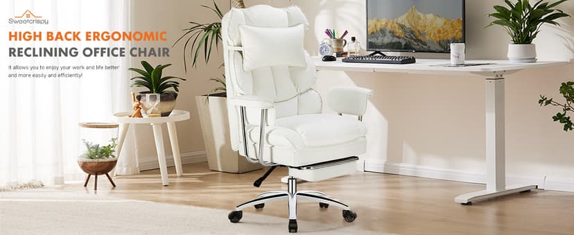 Sweetcrispy Executive Home Office Desk Chair - Ergonomic Big Tall High Back with Footrest & Lumbar Support, Reclining Height Adjustable, Comfy PU Leather Computer Gaming with Swivel Wheels, White