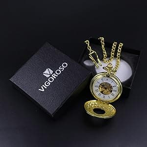 VIGOROSO Vintage Hand Wind Up Pocket Watches for Men, Mechanical Pocket Watch with Chain, Mens Skeleton Pocketwatch