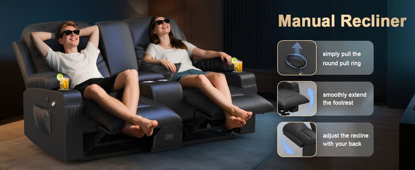 Loveseat Recliner Sofa, Home Theater Seating with Center Console, Reclining Loveseat RV Couch with USB Ports & Phone Holders, Wall Hugger RV Sofa Furniture with Storage & Pocket