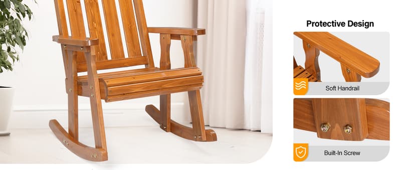 VINGLI Wooden Rocking Chair, Patio Rocker with Higher Backrest, Heavy Duty 600 LBS Outdoor Rocking Chair for Garden, Yard, Balcony, Teak