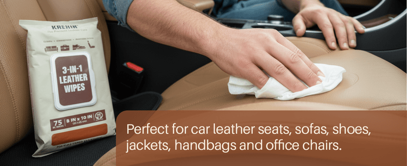 Kreair 3in1 Leather Wipes 75 XL Count, Clean, Condition & Restore Shine, Extra-Large 8"x10" Wipes for Car Seats, Shoes, Furniture & Bags, Thick, Durable & Non-Linting, Safe for All Leather Types