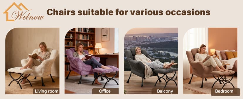 Welnow Lazy Chair with Ottoman, Modern Accent Chair with Armrests and a Side Pocket, Leisure Sofa Armchair, Reading Armchair with Footrest for Small Space, Dark Grey