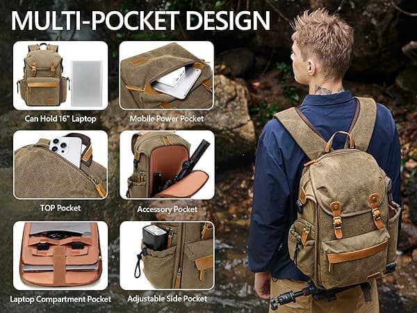 Padwa Lifestyle Khaki Camera Backpack - Professional DSLR & UAV Camera Bag,Anti Theft Canvas Camera Backpacks with Rain Cover,Large Capacity Photography Travel Camera Bag with Multi Compartments