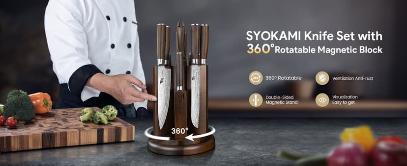 360° Rotatable Block, Japanese Style Chef Knife & Steak Knife Set with Sharpener, Wood Handle, Damascus Pattern, Ideal Gift SYOKAMI 14-Piece Kitchen Knife Set with Magnetic Block, New for 2026 B0CB122YV5