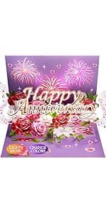 Airpark Anniversary Card with Music & Lights, 3D Pop Up Happy Anniversary Cards for Him Her Husband Wife Couple, Fireworks & Rose Lily Paper Flowers