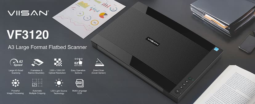 VIISAN 3120 A3 Flatbed Scanner, 1200 DPI, CIS Sensor, Scan 11.7" x 16.7" in 8 sec, Frameless, Auto-Scan, Document & Photo & Book Scanner, Design for Library, School and Soho. Supports Windows & Mac