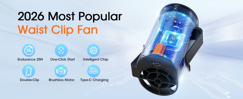 Heelkl 2026 AI Portable Fan Rechargeable, 4-Speed Strong Airflow, Personal Waist Fan with up to 25H of Working Time, Hands-Free Hanging Neck Fan, Wearable Belt Fan for Camping, Outdoor, Jobsite B0CZ3QR58B