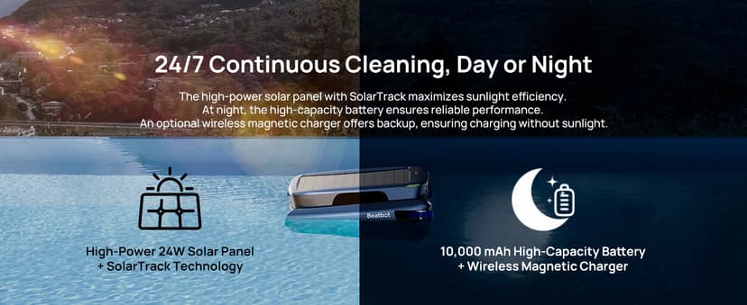 (2025 Upgrade) Beatbot iSkim Ultra 24/7 Cleaning Solar Powered Pool Skimmer with Water Clarification System & APP Control, Voice Broadcast, Dual Charging Options, Edge & Corner Cleaning, Blue