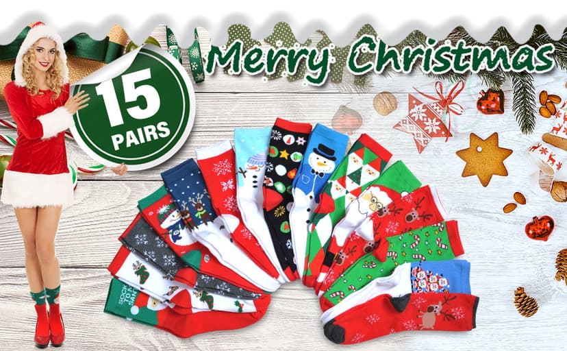 MarJunSep 15 Pairs Women's Christmas Socks Gifts for Women Adults Family Coworkers Cotton Holiday Socks Stocking Stuffers