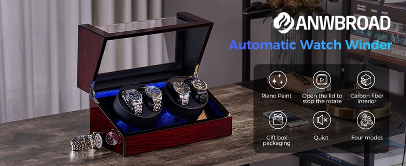 ANWBROAD ANWBROAD Watch Winders For Automatic Watches, Automatic Watch Winder Box With Led Light, Watch Turner For Automatic, 4 Watch Rotator And Super Quiet Motor And 4 Rotation Mode, UJWW011Y
