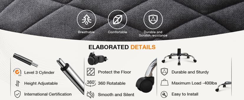 Big and Tall Fabric Office Chair 400lbs High Back Executive Computer Desk Chair with Flip Up Armrest, Breathable Fabric Adjustable Height Ergonomic Home Office Heavy Duty