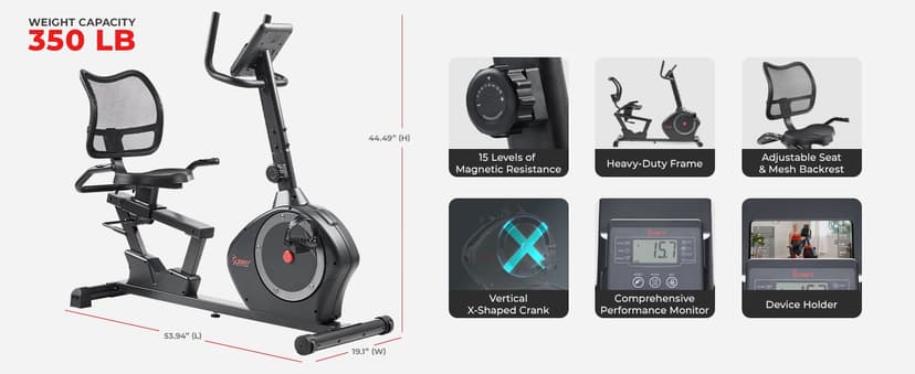 Sunny Health & Fitness Smart Heavy-Duty Recumbent Bike w/Wide Cushioned Seat & Back, Indoor Cycling Machine for Adult/Seniors Home Exercise, Free SunnyFit App Connect, Optional Workout Training Bands