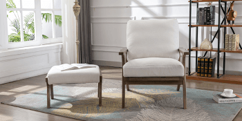 chairus Mid-Century Modern White Linen Accent Chair with Ottoman, Comfy Upholstered Lounge Armchair with Removable Cushions & Solid Wood Frame, Fabric Reading Chair for Living Room Bedroom Office
