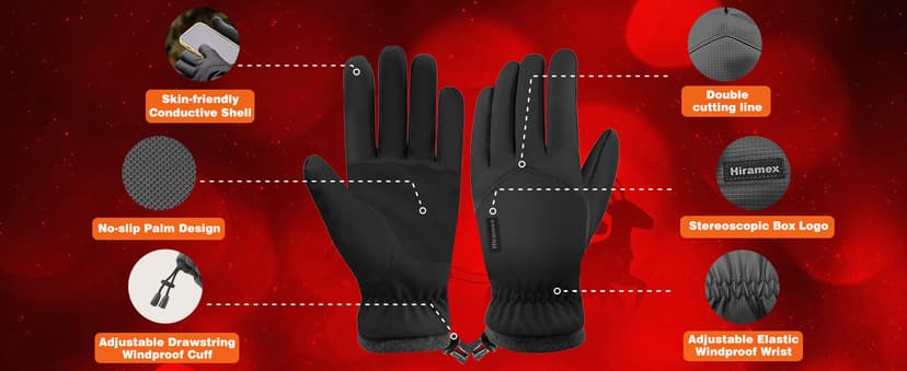 Hiramex Winter Waterproof Gloves Men Women, Windproof Warm Ski Gloves for Cold Weather, Touch Screen Snow Warm, Running Driving Cycling