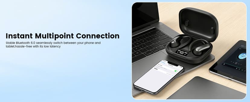 CuiSuto Ear Buds Wireless Earbuds Bluetooth Headphones with 60H Playtime LED Display Case, Over-Ear Hook with Mic, Stereo Sound, Easy Button Controls, Sports Earphones for Running Workout Gym Black