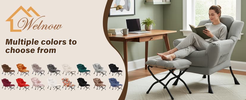 Welnow Lazy Chair with Ottoman, Modern Accent Chair with Armrests and a Side Pocket, Leisure Sofa Armchair, Reading Armchair with Footrest for Small Space, Dark Grey