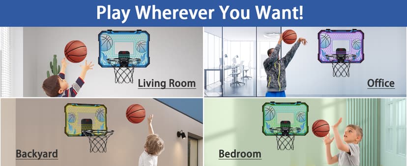 VROGTIK Indoor Basketball Hoop for Kids with Led Lights Mini Basketball Hoop with Remote Control Over The Door Basketball Hoops with Scoreboard Basketball Toys for 4-12 Year Old Boys Girls