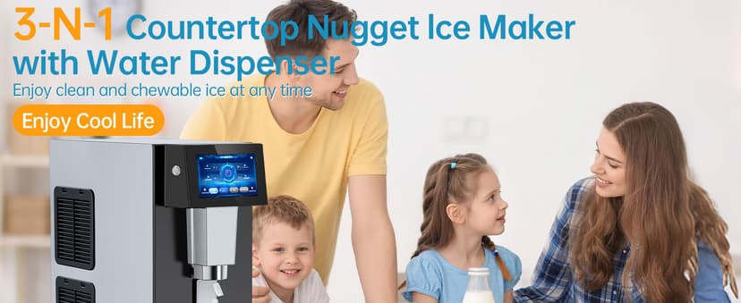 Commercial Nugget Ice Maker Machine, 100Lbs/24H Pellet Chewable Ice, 3-IN-1 Nugget Ice Maker with Ice & Water Dispenser, Self-Cleaning Countertop Stainless Steel Ice Machine for Business, Office,Party