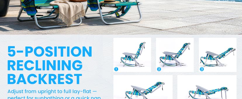 2 Pack Lightweight Portable Camping Beach Chair for Adults, Outdoor Lay Flat Folding Beach Chairs with 5 Positions, Backpack Beach Chair with Towel Bar, Zipper Pouch, Cup Holder, Ocean Striped