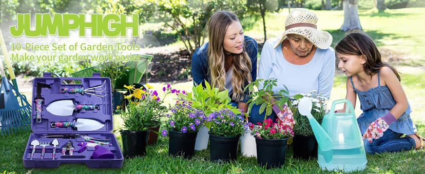 Garden Tools Set, JUMPHIGH 10 Pieces Gardening Tools with Floral Print, Ergonomic Handle Trowel Rake Weeder Pruner Shears Sprayer, Garden Hand Tools with Carrying Case Gardening Gifts for Women Father