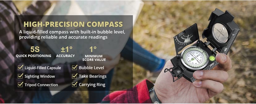 Anbte Compass Hiking Survival, IP65 Waterproof Metal Compass with Sighting Clinometer and Carry Bag, Multifunctional, Professional, for Camping Hunting Hiking Navigation