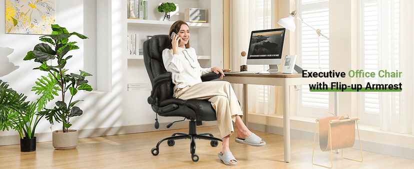 Office Chair, Big and Tall Executive Chairs with Lumbar Support for Back Pain, Breathable Desk Computer Chair with Adjustable Flip-up Armrests, Wide Cushion Swivel Home Office Chair Black PU