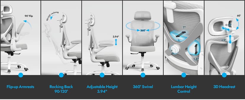Ergonomic Office Chair: White Computer Desk Chair Comfy Gaming Chair for Adults - Office Chair with Lumbar Support & Headrest - Executive Office Rolling Chairs for Home Work (Grey)