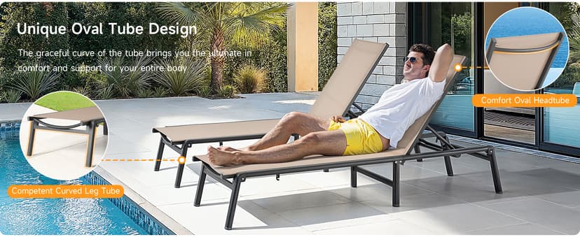 ONBRILL Aluminum Chaise Lounge Chair Outdoor, Foldable & Assembly Free Outdoor Lounge Chair with 5 Position Adjustable Backrest, Patio Pool Lounge Chairs for Outside Poolside Beach Lawn, 1PC, Khaki