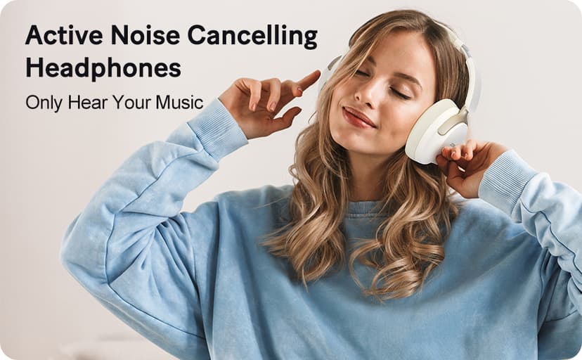 JOMILIN C5 Active Noise Cancelling Headphones, Wireless Over Ear Bluetooth Headphones, 3EQ Modes via Button, 60H Playtime Lightweight Folding Stereo Bass Headset with Mic, for Travel Home Beige White