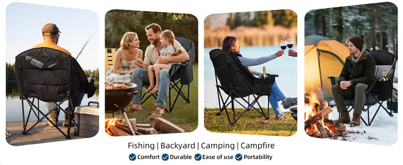 Oversized Camping Chairs for Adults - Heavy Duty Padded Outdoor Folding Lawn XL Camp Chair with Cup Holder Cooler Pockets for Outside Sports Beach Fishing Garden Portable Supports 500lbs, Black