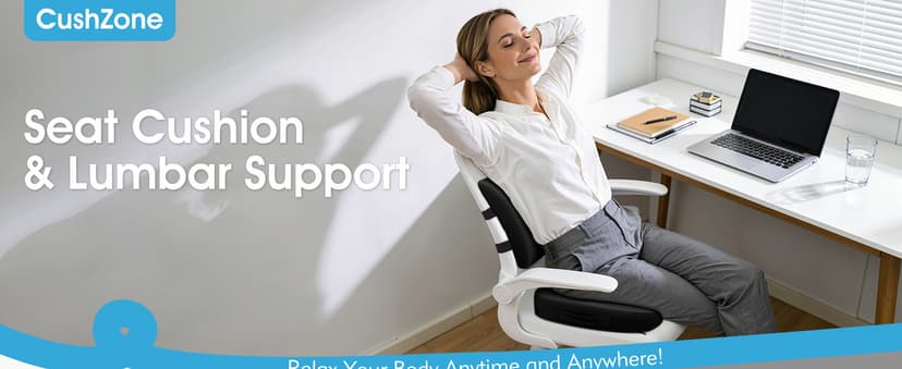 CushZone Ergonomic Seat Cushion & Lumbar Support Pillow - Memory Foam for Sciatica Pain Relief & Posture Correction, Non-Slip Chair Cushions for Office Chair/Car/Wheelchair/Travel (Black)