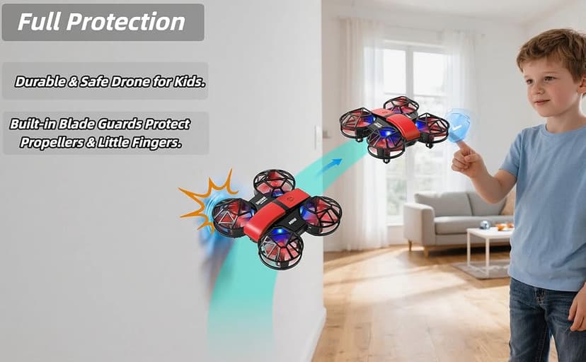 Red Mini Drone for Kids, Indoor & Outdoor RC Quadcopter, Full Propeller Guards, LED Light, 3D Flips, One Key Start, Headless Mode, 2 Rechargeable Batteries, 21 Mins Total Flight Time, Toy Gift for Boys and Girls