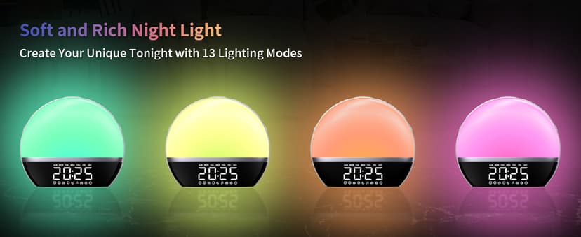 SoundLegend FM Radio Sunrise Alarm Clock Sound Machine Wake-Up Light Sunrise Sunset Simulation Adjustable Volume Brightness Sleep Aid 13 Colors 23 Sounds 28 Tunes Snooze Dual Alarm 4 Timers